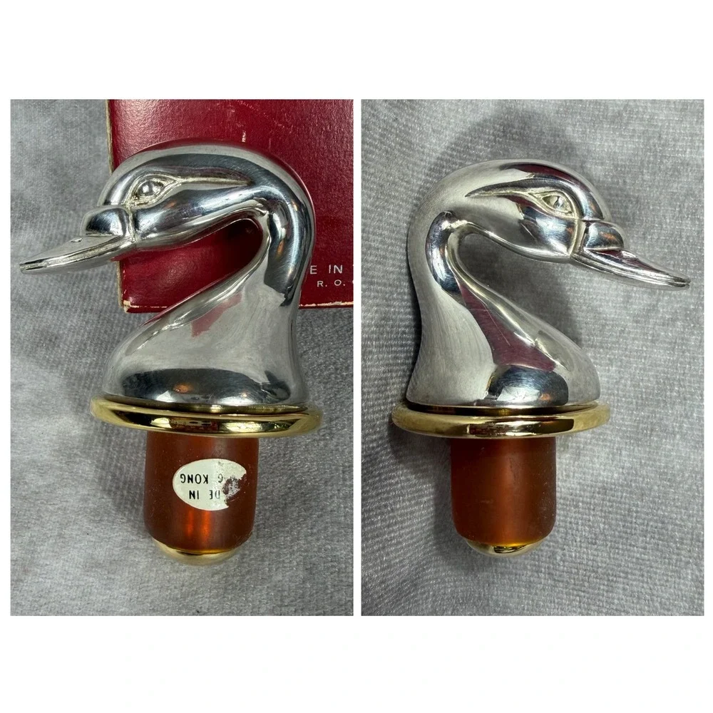 Vtg Silver Duck Head Wine‎ Bottle Stopper Mallard Silverplate Barware Hong Kong